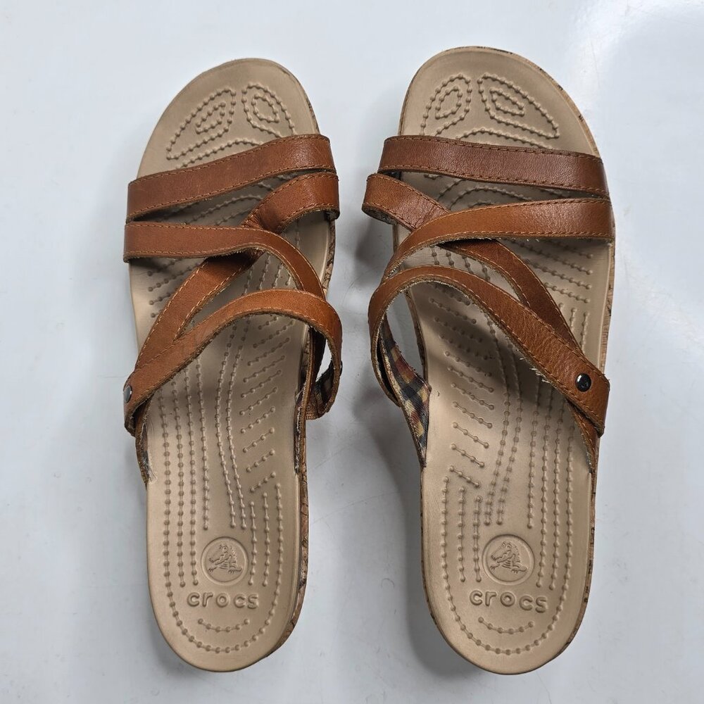 Crocs A Leigh Sandals Womens 9 Brown Tan Leather Wedge Strappy Open Toe Slip On - Picture 6 of 8